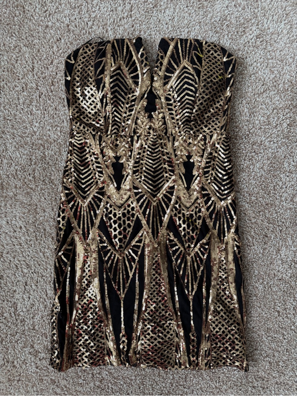 Fashion Nova Strapless Black and Gold Sequin Bodycon Dress